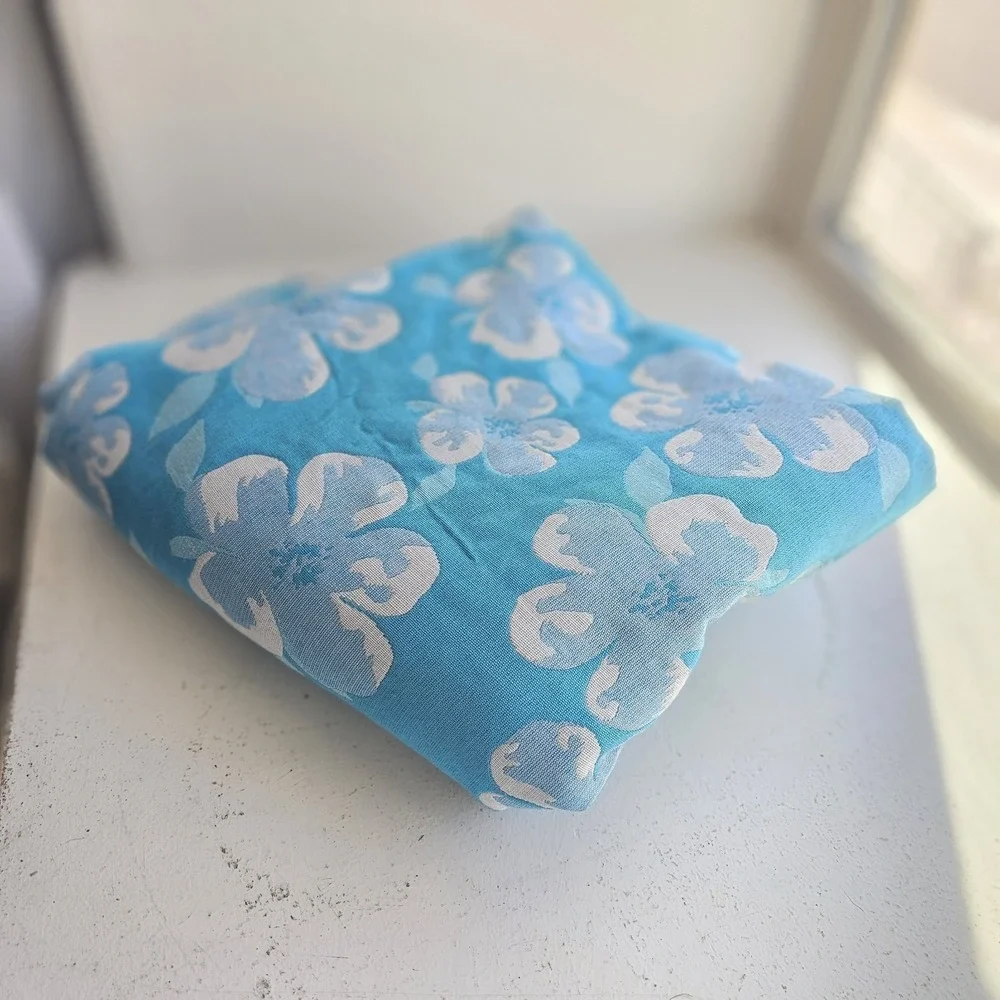 1950s 1960s Jacquard Fabric Double Sided Blue Hybiscus Floral 2 Yards x 57 Inch
